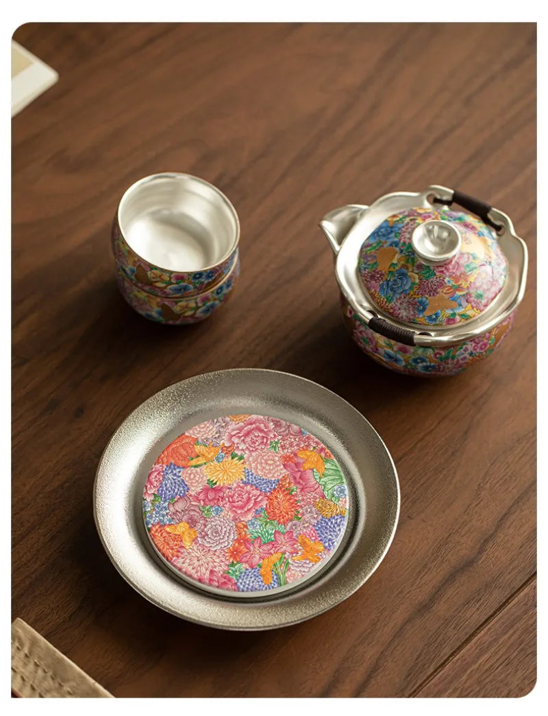 Royal Silver-Plated Enameled Ceramic Tea Set — Gift Box