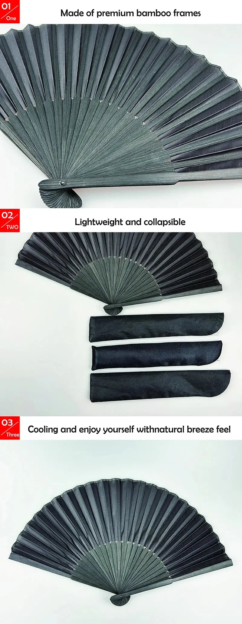 Black Bamboo Folding Fan with Cloth Bag – Vintage Oriental Hand Fan for Ritual & Ceremony
