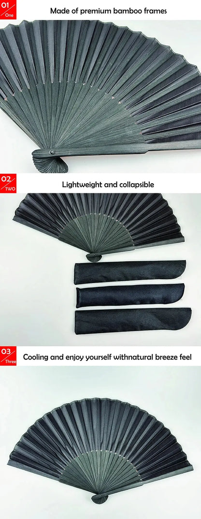 Black Bamboo Folding Fan with Cloth Bag – Vintage Oriental Hand Fan for Ritual & Ceremony