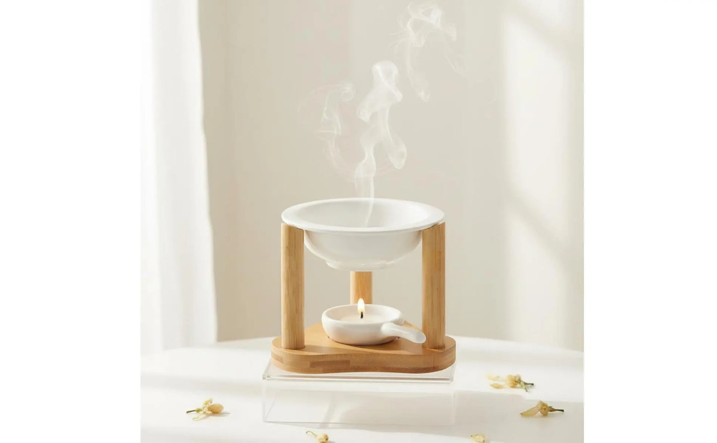 Ceramic Oil Warmer Bamboo Frame Wooden Aroma Lamp