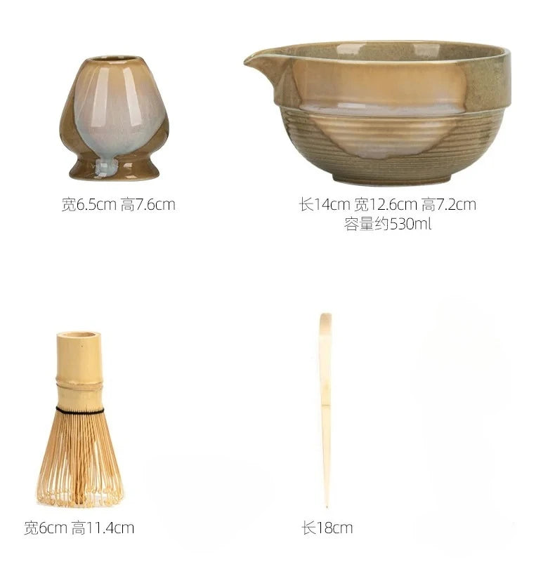 2025 Vintage Matcha Set 4pcs Ceramic Spout Bowl Whisk Bamboo Chasen