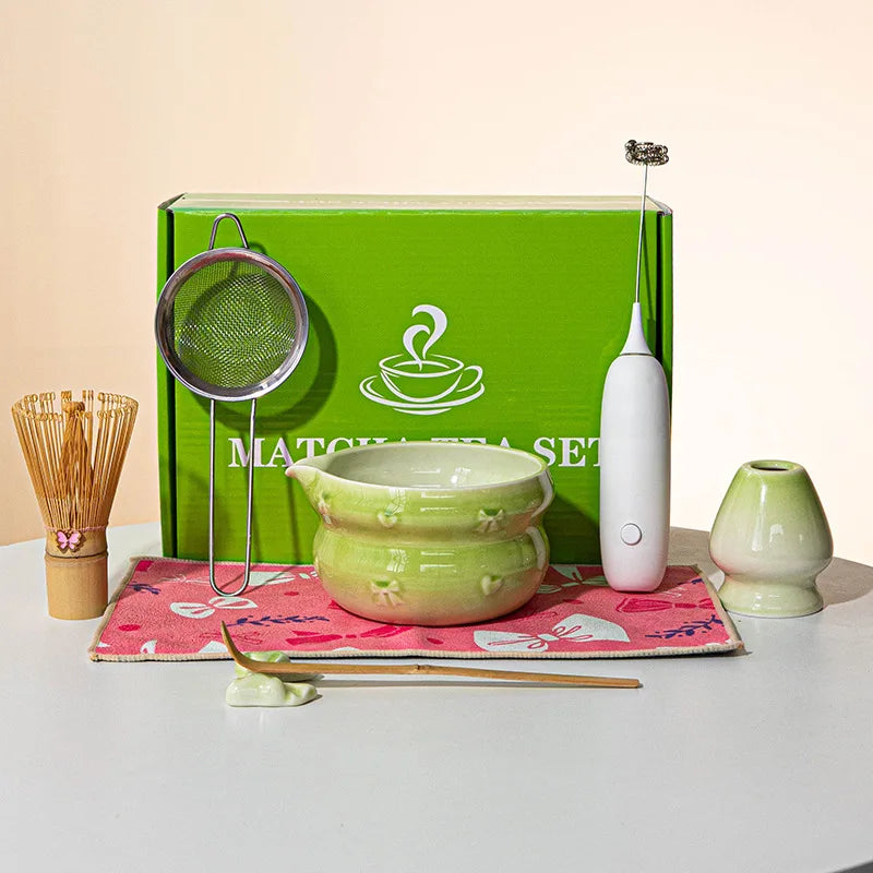 Japanese Matcha Tea Set 8pcs Ceramic Bowl Bamboo Whisk Spoon Electric Brush Complete Matcha Starter Kit for Tea Ceremony