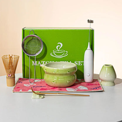 Japanese Matcha Tea Set 8pcs Ceramic Bowl Bamboo Whisk Spoon Electric Brush Complete Matcha Starter Kit for Tea Ceremony