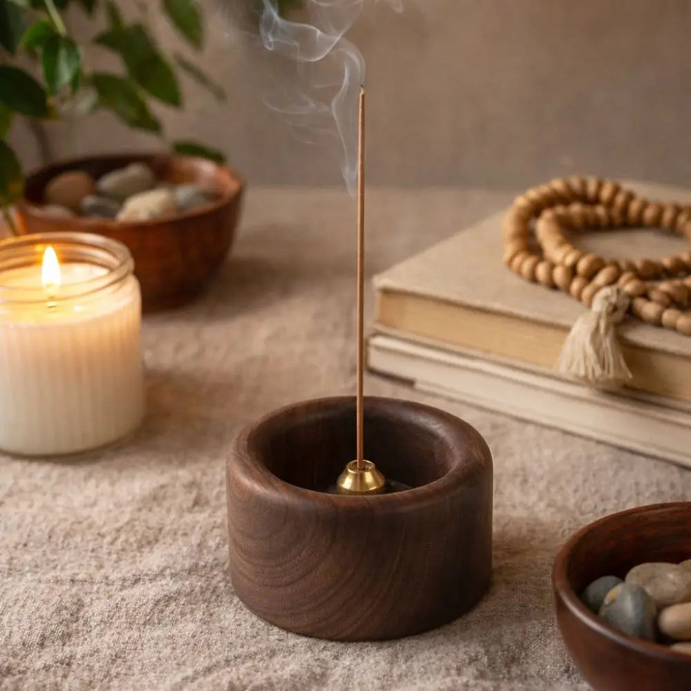 Creative Retro Wooden Incense Holder Round Sturdy Incense Stick Burner Handmade Incense Base Meditation