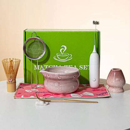 Japanese Matcha Tea Set 8pcs Ceramic Bowl Bamboo Whisk Spoon Electric Brush Complete Matcha Starter Kit for Tea Ceremony