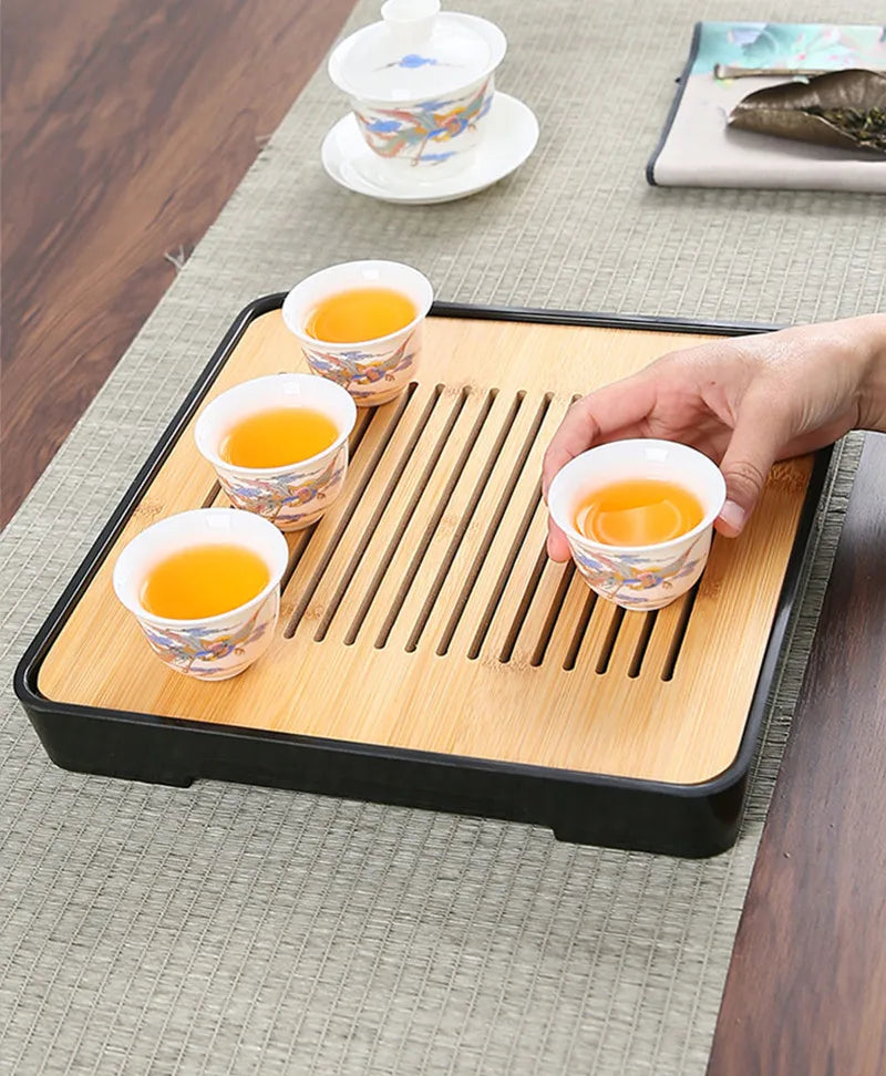 Bamboo Tea Tray with Water Storage & Drainage