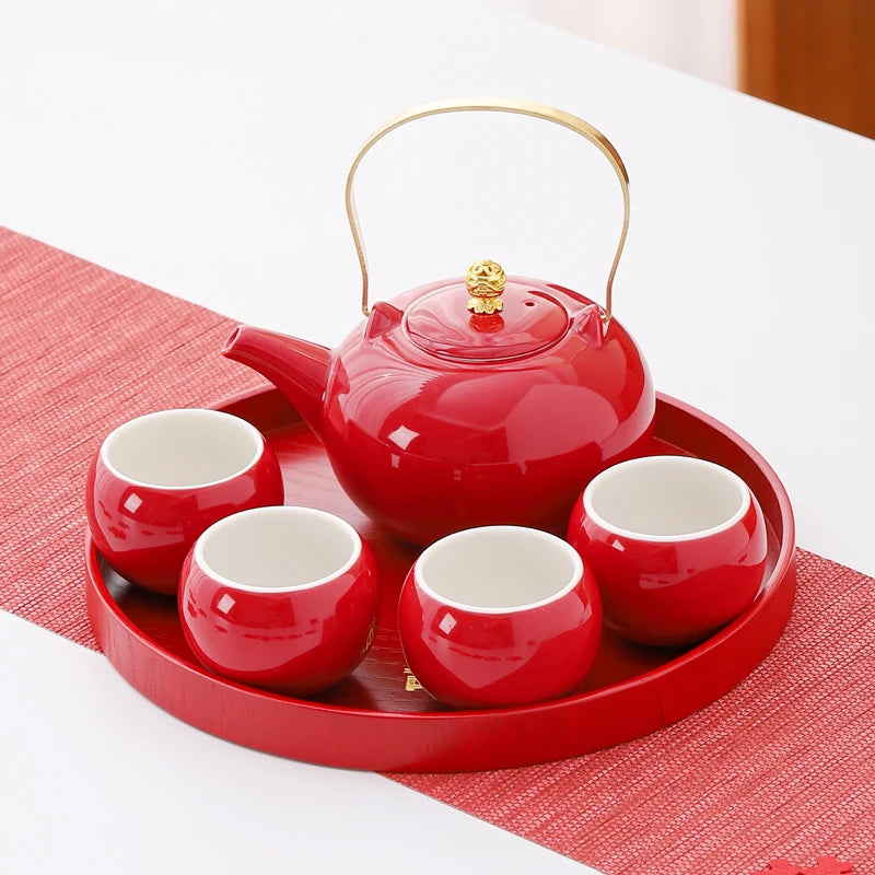 Red Ceramic Teaware Suit Chinese Handmade