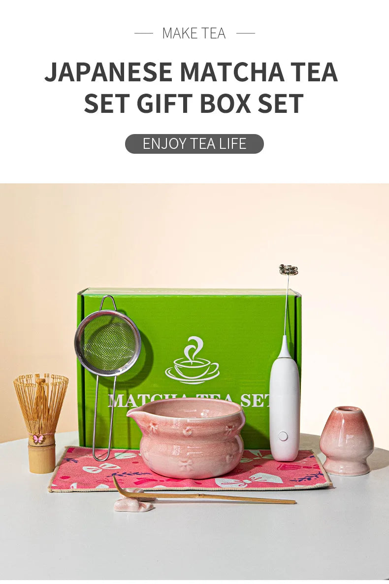 Japanese Matcha Tea Set 8pcs Ceramic Bowl Bamboo Whisk Spoon Electric Brush Complete Matcha Starter Kit for Tea Ceremony