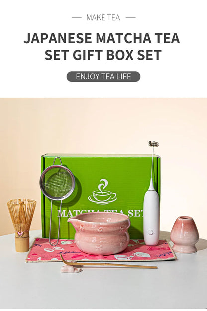 Japanese Matcha Tea Set 8pcs Ceramic Bowl Bamboo Whisk Spoon Electric Brush Complete Matcha Starter Kit for Tea Ceremony