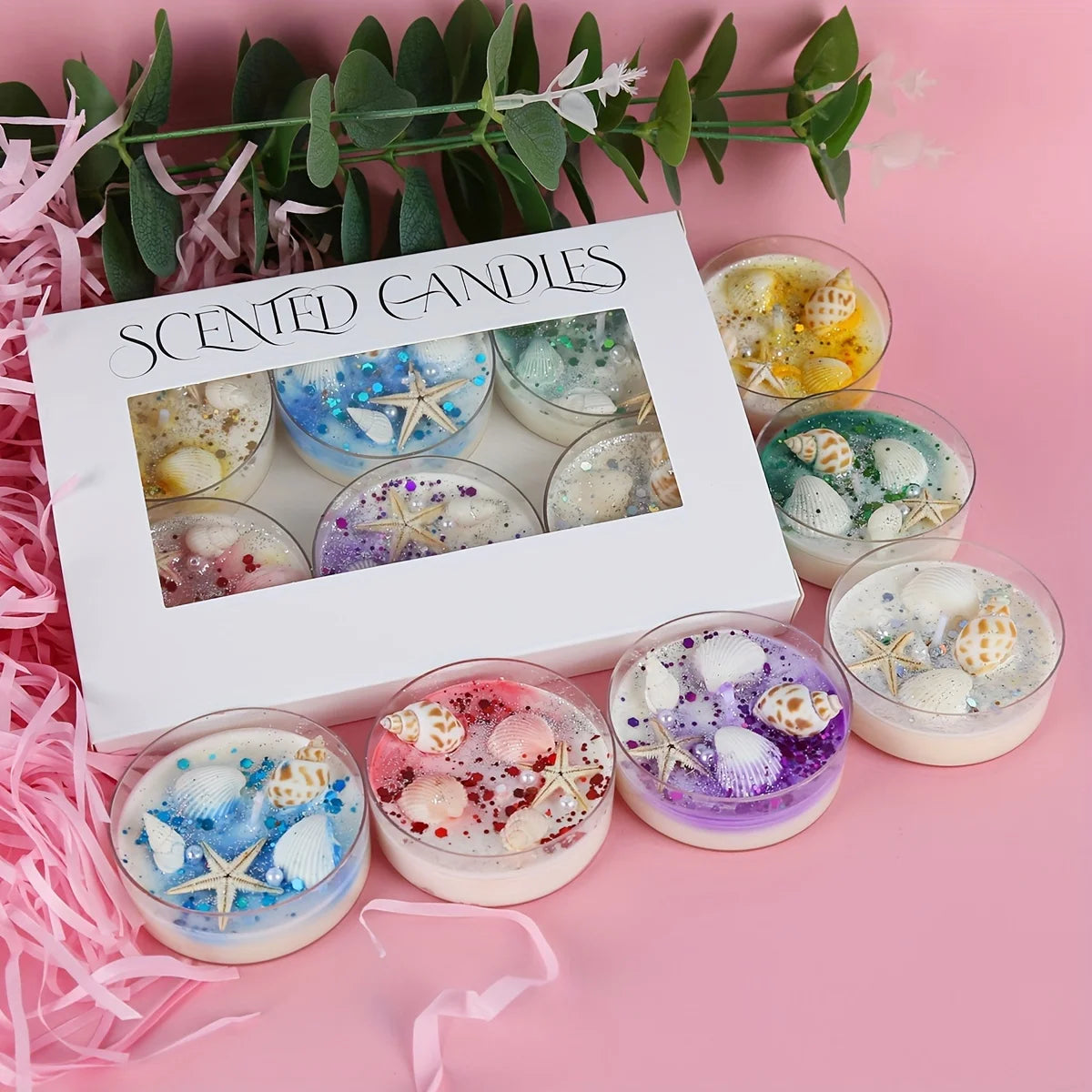 6 Piece Seashell Themed Scented Candle Gift Set with Pearl and Glitter Accents