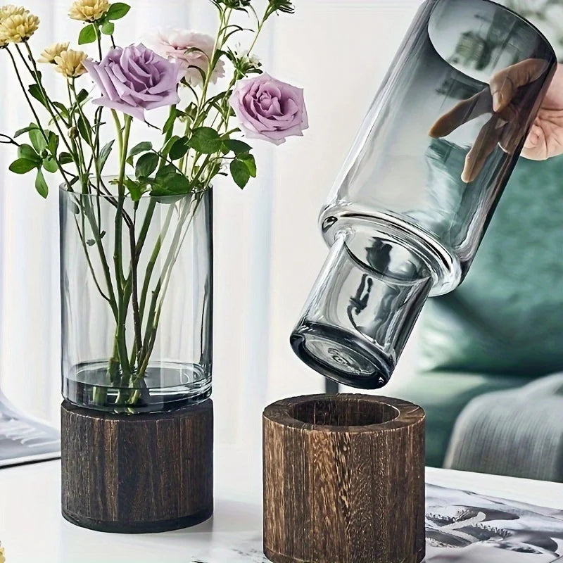 Elegant Glass Vase with Wooden Base for Hydroponic Plants & Decor