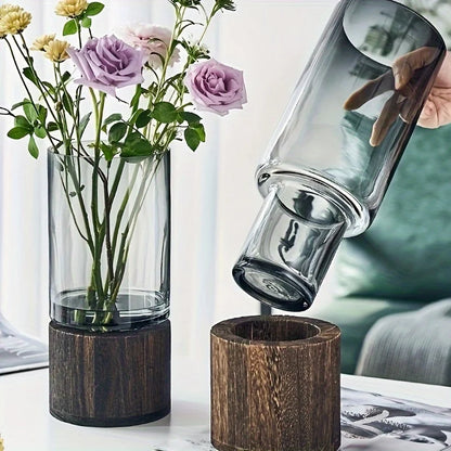 Elegant Glass Vase with Wooden Base for Hydroponic Plants