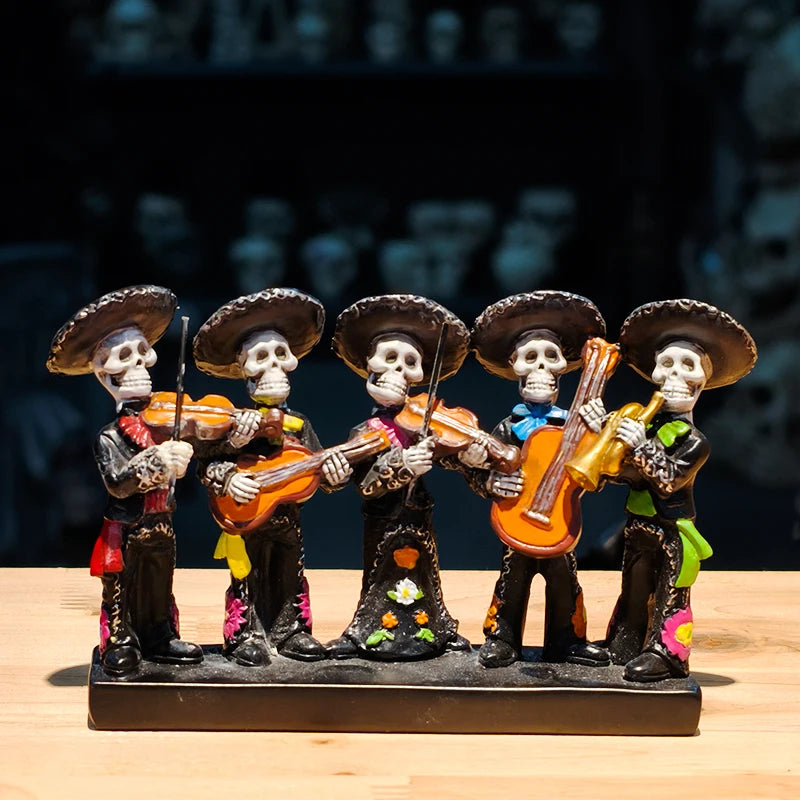 Day of the Dead Skeleton Band Statue — Festive Resin Sculpture
