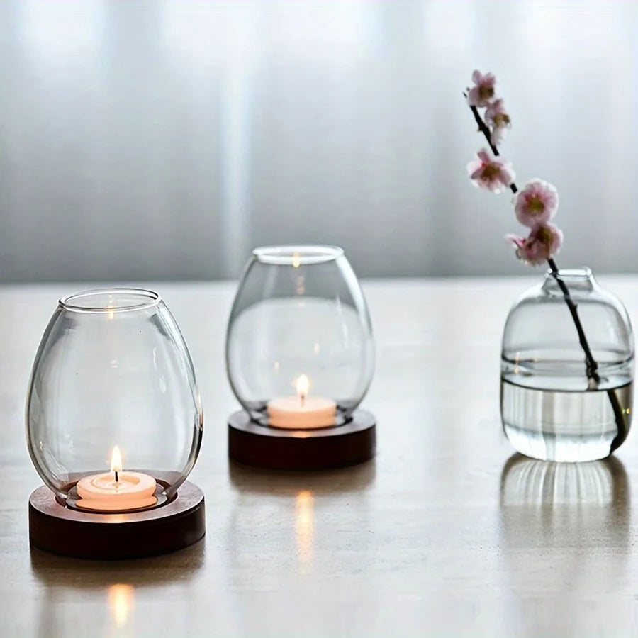 European Style Clear Glass Candle Holder (Wooden Base) Warm Ambient Lighting - Your Ritual Hub 