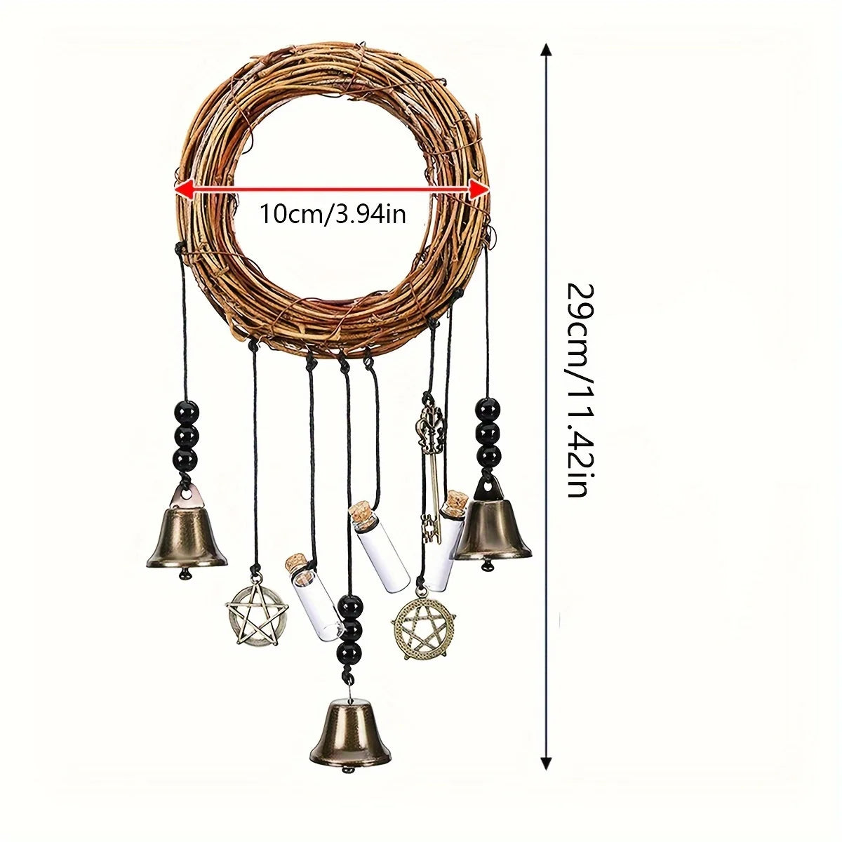 Witch Bell Wreath – Rustic Vine & Brass Bell Door Hanger for Ritual & Witchy Decor