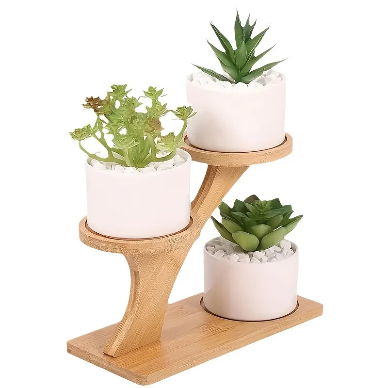 2-Tier Bamboo Plant Stand, 3-Pot Wooden Flower Shelf & Display Rack for Altar Decor, Succulents & Indoor Herbs