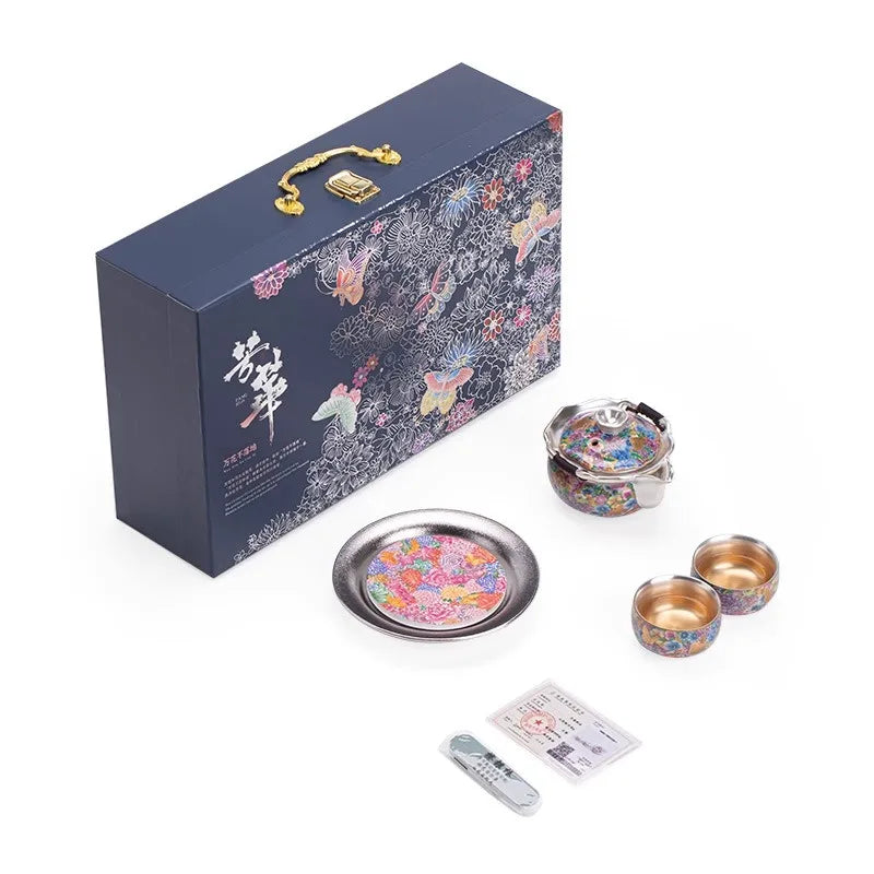 Royal Silver-Plated Enameled Ceramic Tea Set — Gift Box
