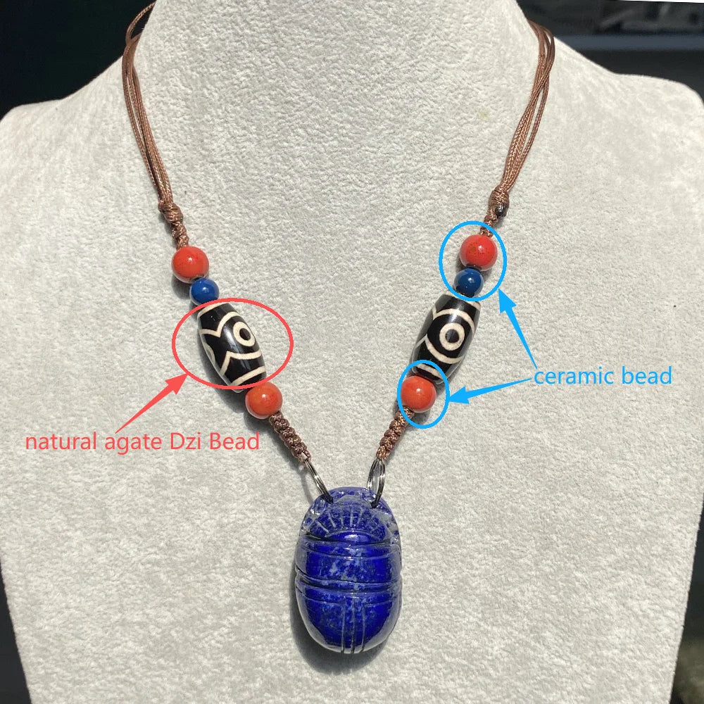 Lapis Lazuli Scarab Pendant Necklace with Hamsa Chain
