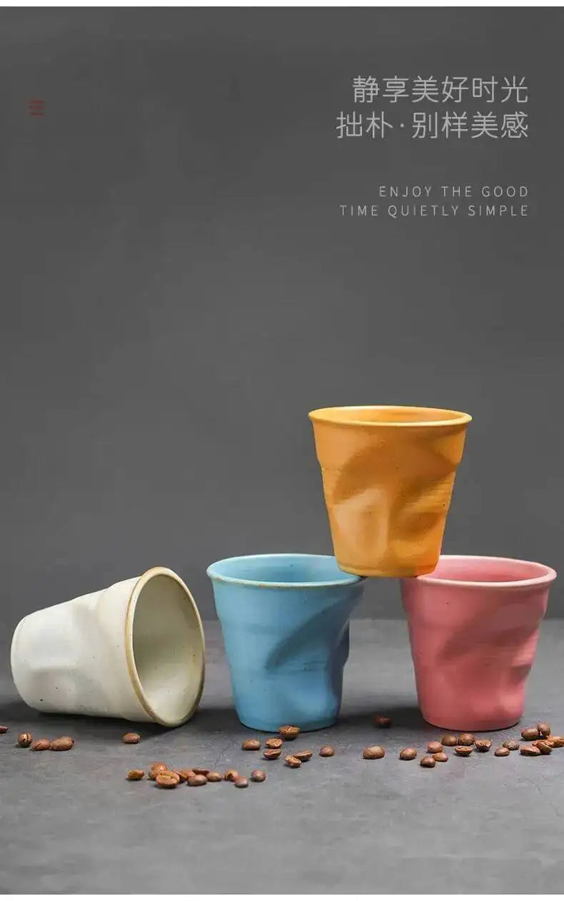 Coarse Pottery Coffee Cup   Hand Kneaded Pleated Cup Ceramic