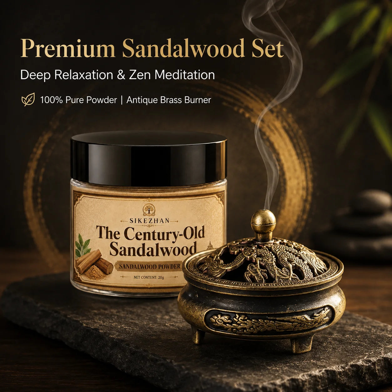 Pure Sandalwood Incense Powder Kit – with Vintage Brass Dragon Censer