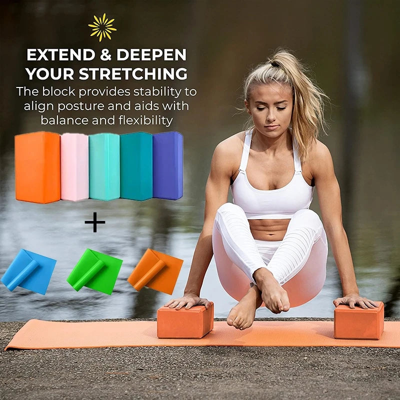 3PCS includes 2 yoga Blocks 1 resistance bands. High-density EVA mats, TPE stretch bands. for beginner yoga, stretching exercise