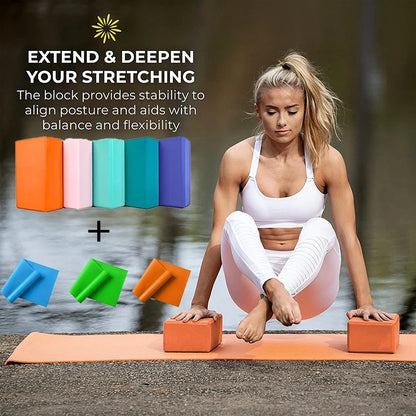 3PCS includes 2 yoga Blocks 1 resistance bands. High-density EVA mats, TPE stretch bands. for beginner yoga, stretching exercise