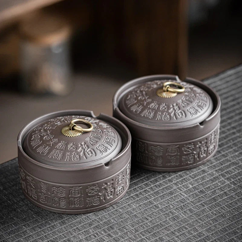 Classical Purple Clay Ashtray with Cover, Two Styles