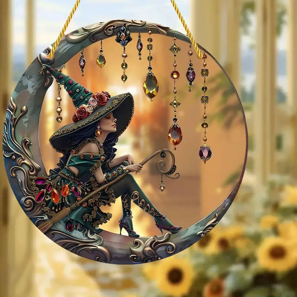 8x8 Inch Charming Moonlight Witch Sun Catcher, Stained Glass Style Acrylic Hanging Ornament for Windows, Doors & Cars