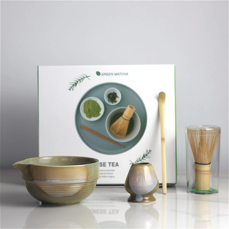 2025 Vintage Matcha Set 4pcs Ceramic Spout Bowl Whisk Bamboo Chasen - Your Ritual Hub 