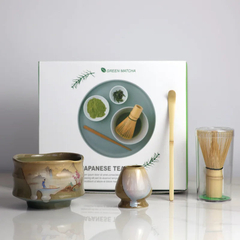 2025 Vintage Matcha Set 4pcs Ceramic Spout Bowl Whisk Bamboo Chasen - Your Ritual Hub 
