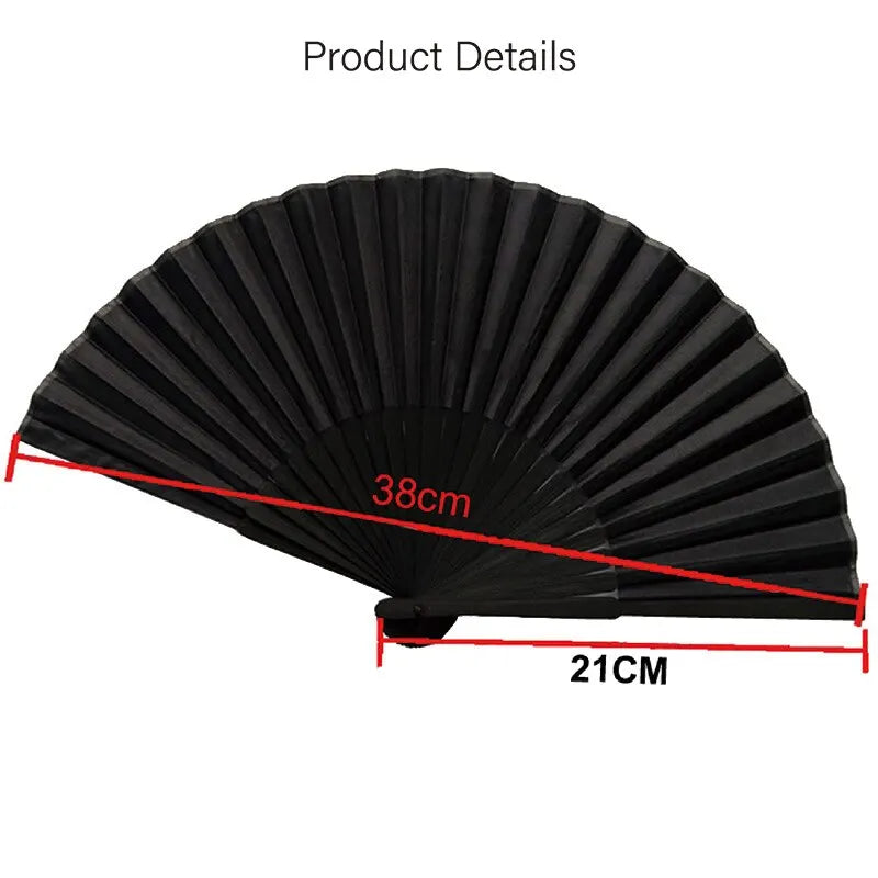 Black Bamboo Folding Fan with Cloth Bag – Vintage Oriental Hand Fan for Ritual & Ceremony