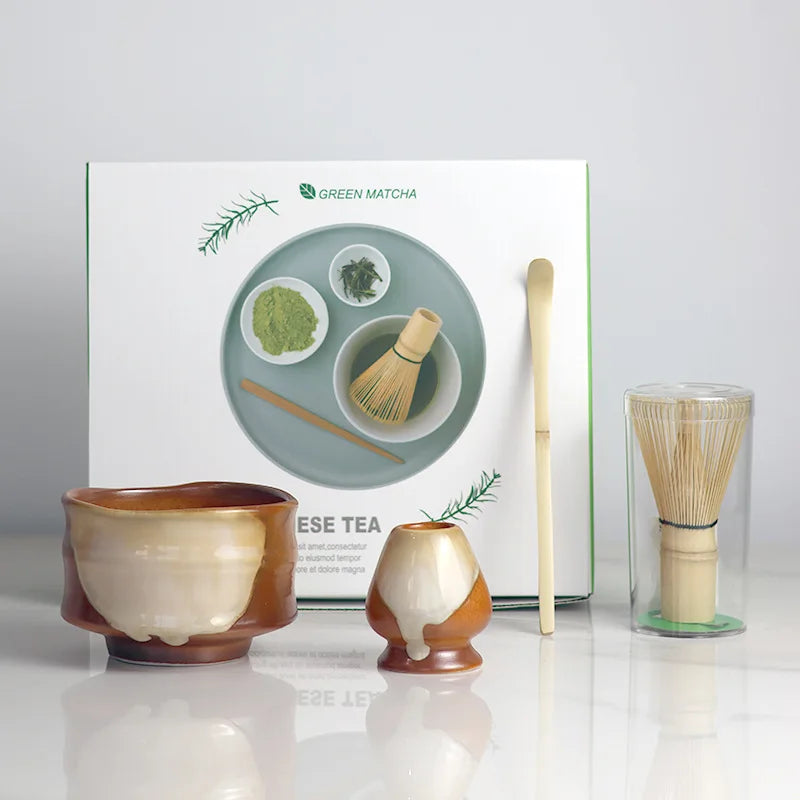 2025 Vintage Matcha Set 4pcs Ceramic Spout Bowl Whisk Bamboo Chasen - Your Ritual Hub 