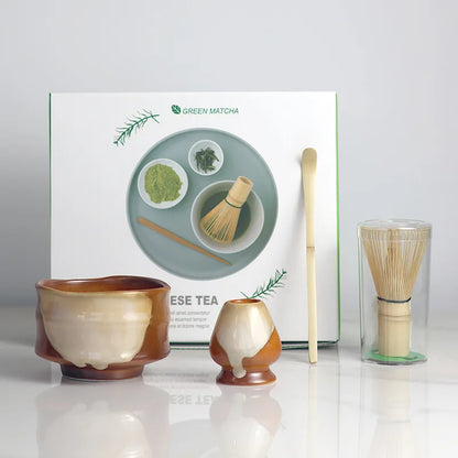 2025 Vintage Matcha Set 4pcs Ceramic Spout Bowl Whisk Bamboo Chasen