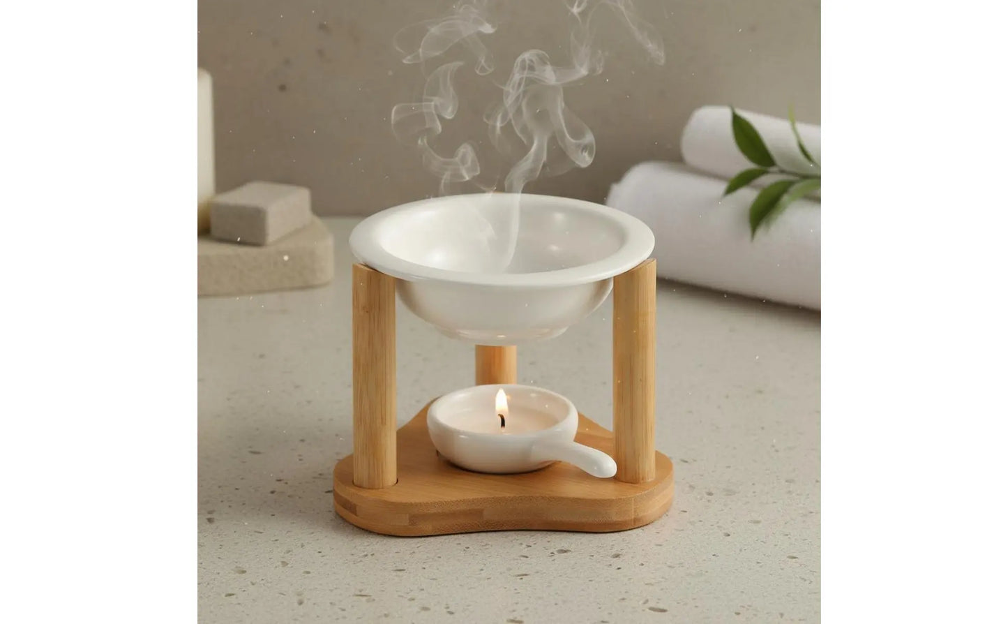 Ceramic Oil Warmer Bamboo Frame Wooden Aroma Lamp