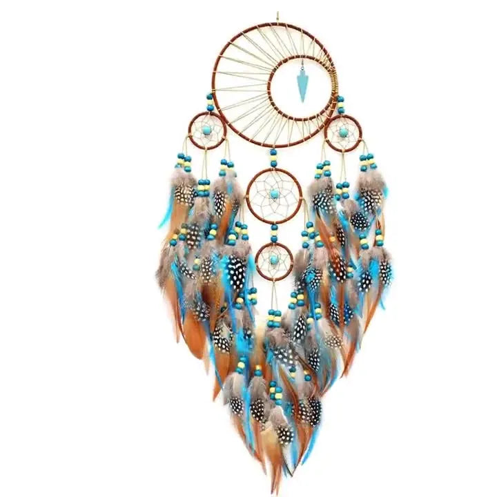 Bohemian Turquoise Dream Catcher, Multi-Circle Handmade Boho Feather Wall Hanging with Arrowhead Pendant for Bedroom Decor