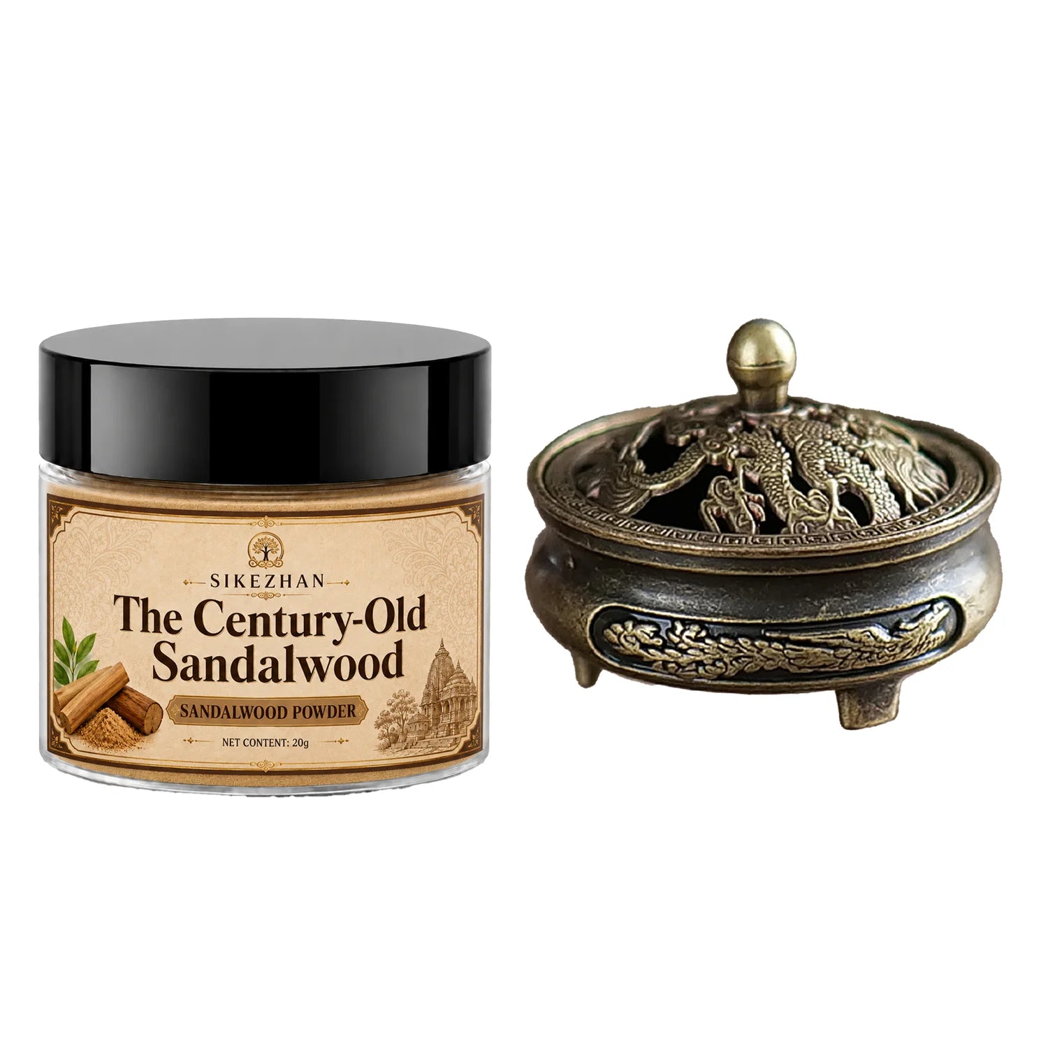 Pure Sandalwood Incense Powder Kit – with Vintage Brass Dragon Censer