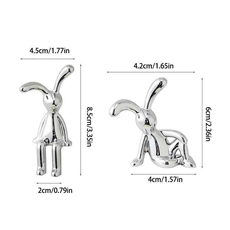 Silver Chrome Rabbit Duo Figurines – Set of 2 Sculptural Decor Statues