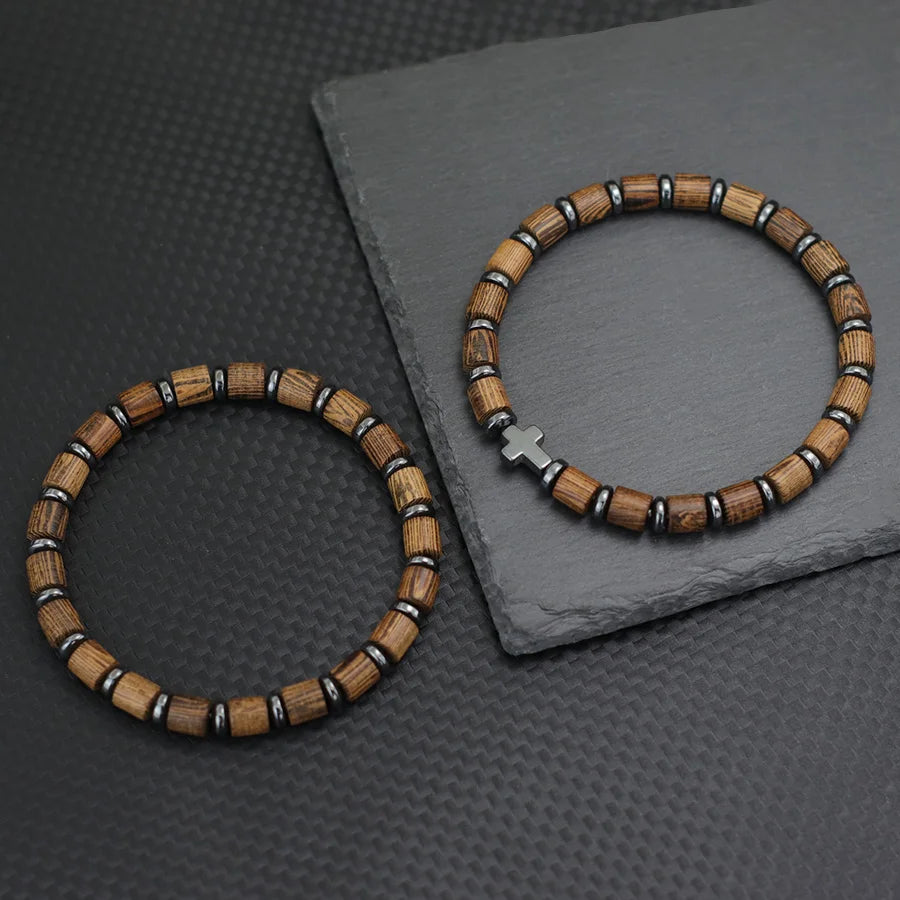 Noter Natürliches Holzarmband für Herren A Grade Hämatit Stein Handgefertigt Meditation Spirituelle Heilung Armband Kreuz Strang Armband