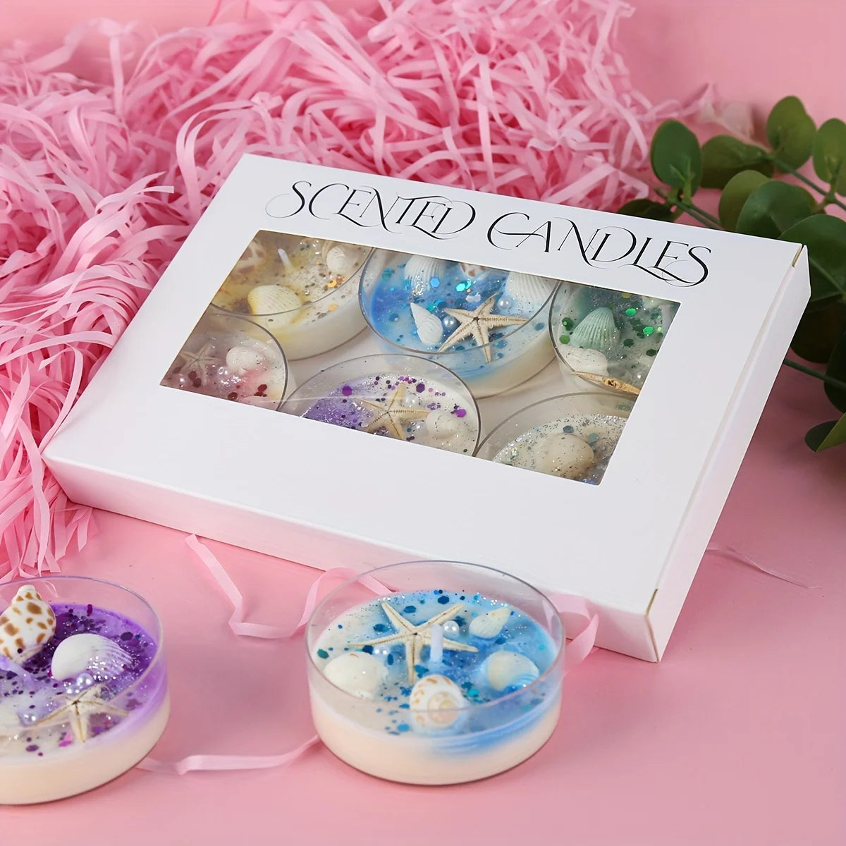 6 Piece Seashell Themed Scented Candle Gift Set with Pearl and Glitter Accents