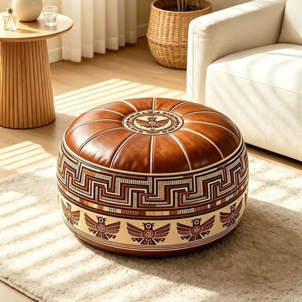Round Pouf Cover – Vintage Geometric Bird Pattern | PU Leather | Fill Yourself