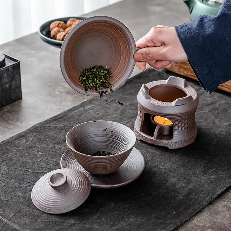 3-in-1 Ceramic Tea Warmer Stove – Coarse Pottery Fragrance Dispenser & Candle Holder