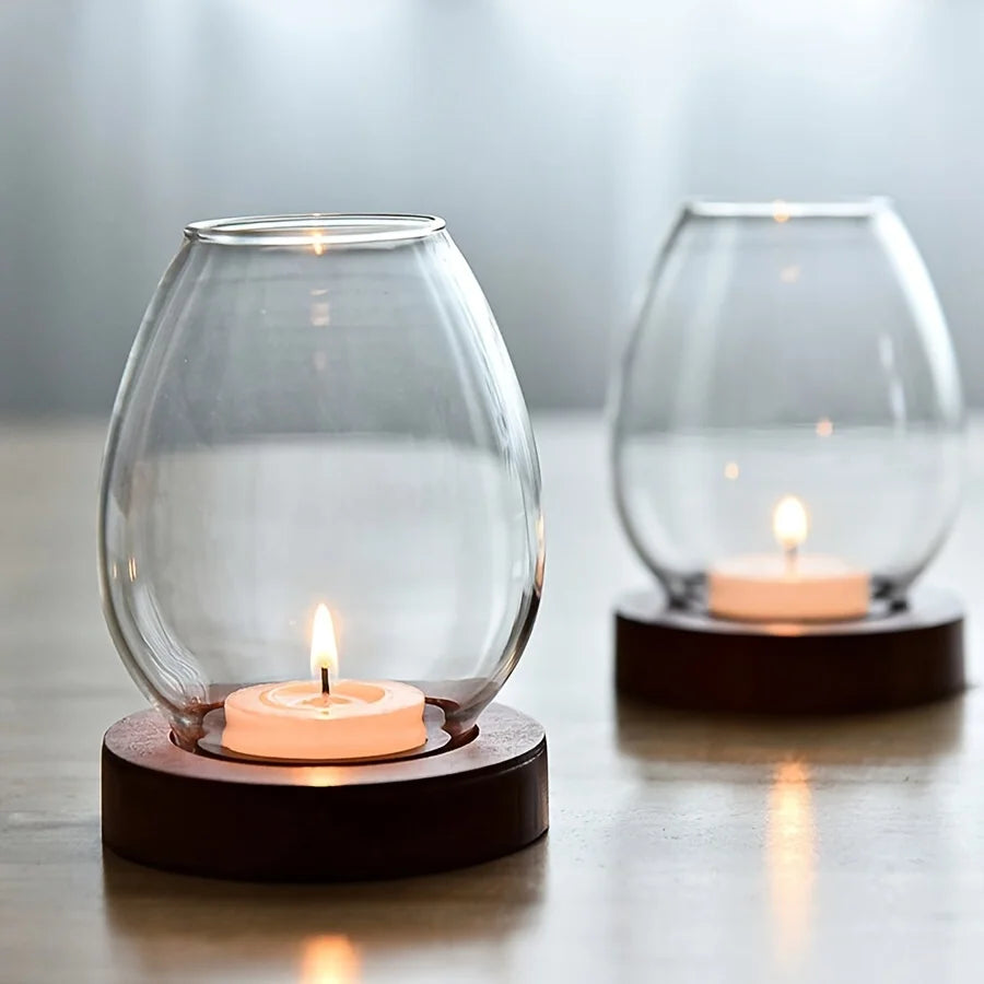 European Style Clear Glass Candle Holder (Wooden Base) Warm Ambient Lighting - Your Ritual Hub 