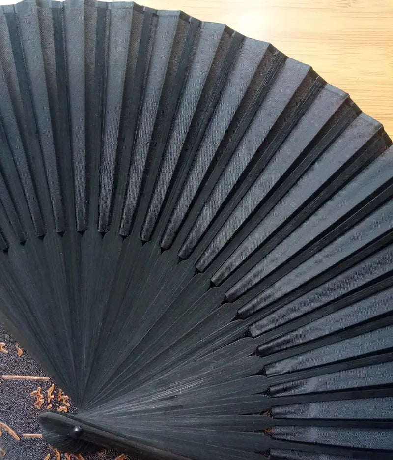 Black Bamboo Folding Fan with Cloth Bag – Vintage Oriental Hand Fan for Ritual & Ceremony