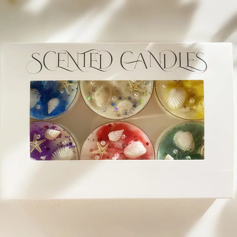 6 Piece Seashell Themed Scented Candle Gift Set with Pearl and Glitter Accents