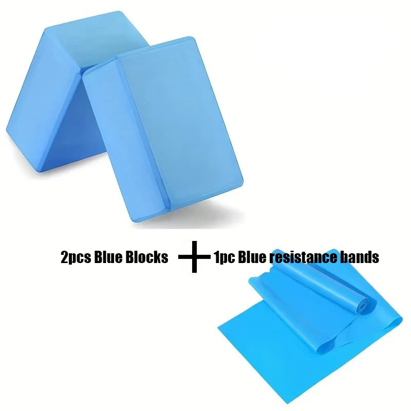 3PCS includes 2 yoga Blocks 1 resistance bands. High-density EVA mats, TPE stretch bands. for beginner yoga, stretching exercise