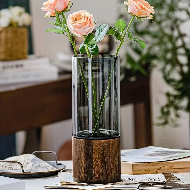 Elegant Glass Vase with Wooden Base for Hydroponic Plants & Decor