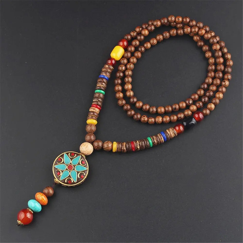 Boho Wooden Beaded Long Necklace – Handmade Nepal Style Pendant Chain