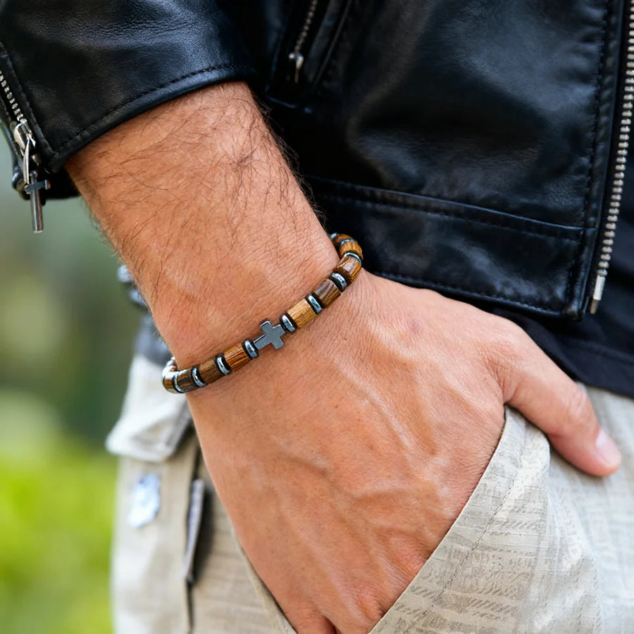 Noter Natürliches Holzarmband für Herren A Grade Hämatit Stein Handgefertigt Meditation Spirituelle Heilung Armband Kreuz Strang Armband