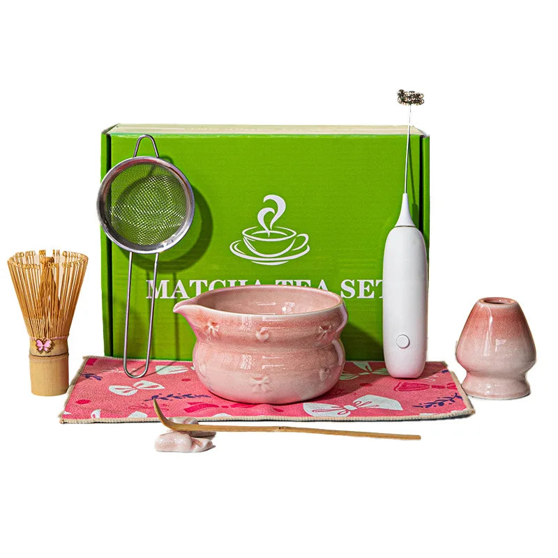 Japanese Matcha Tea Set 8pcs Ceramic Bowl Bamboo Whisk Spoon Electric Brush Complete Matcha Starter Kit for Tea Ceremony