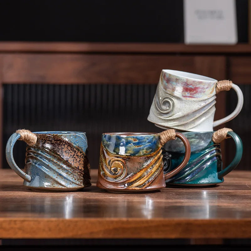 Creative Spiral Hemp Rope Ceramic Cup Retro Rough Pottery Coffee Cup - Your Ritual Hub 